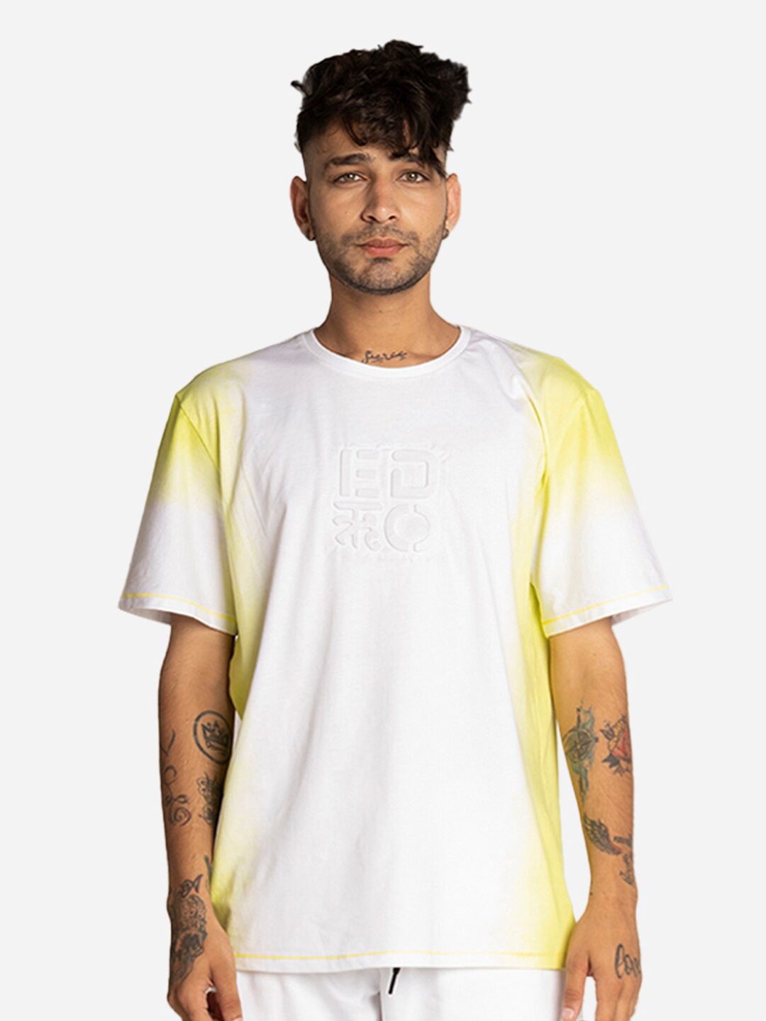 

EDRIO Men Yellow & white Typography Dyed Pure Cotton Raw Edge Oversized T-shirt