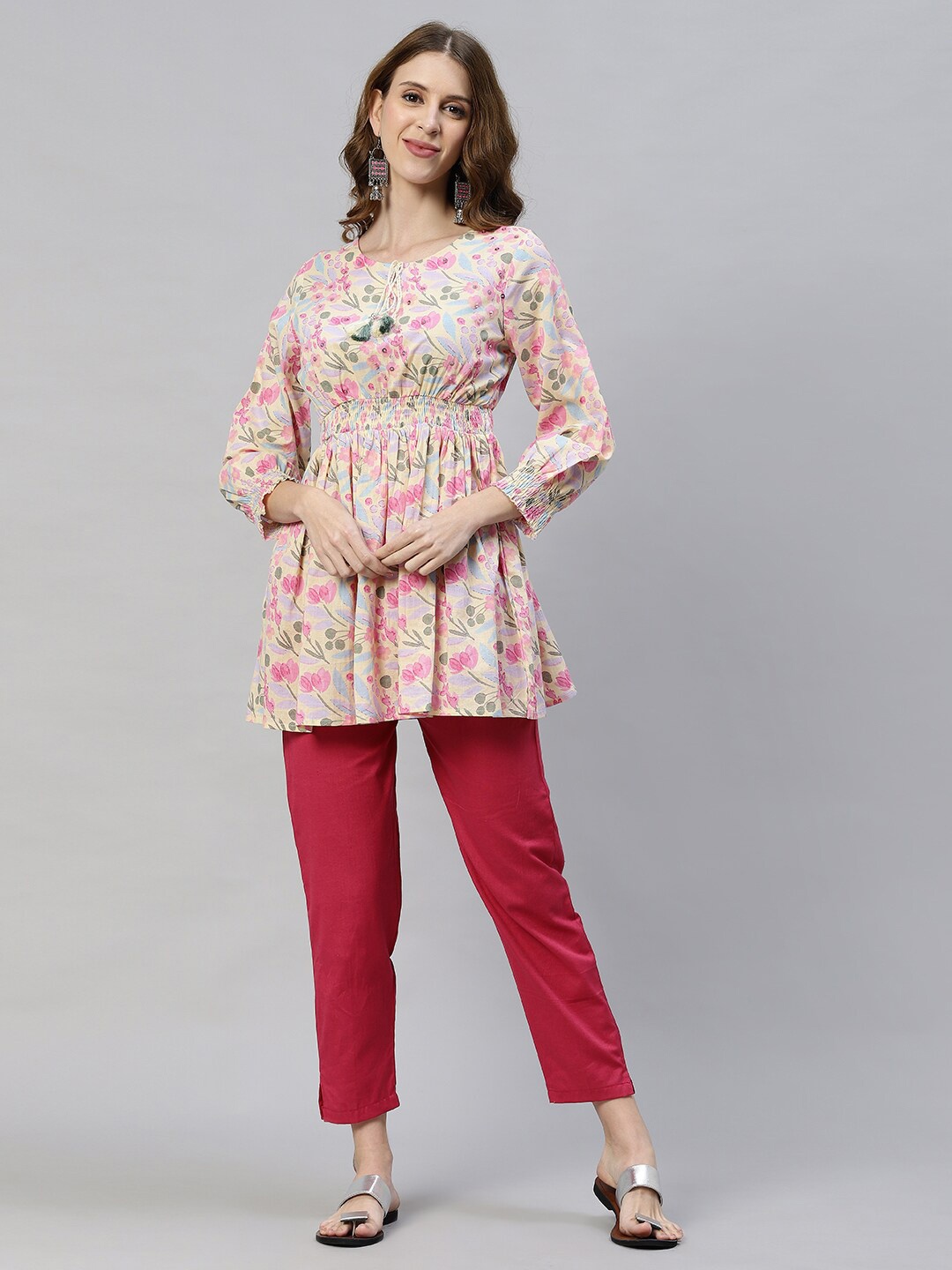 

FASHOR Yellow Floral Printed Sequinned Pure Cotton Sequinned Pleated Kurti