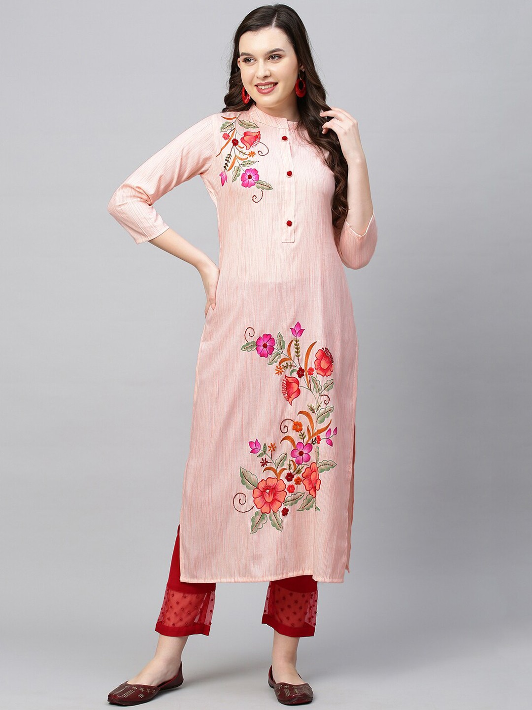 

FASHOR Women Pink & evening sand Floral Printed Keyhole Neck Thread Work Kurta