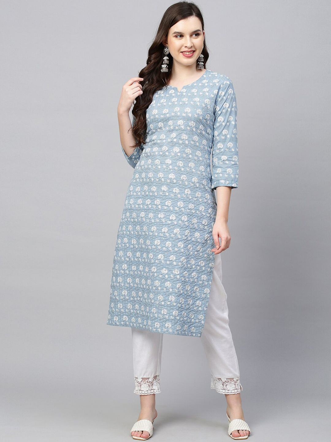 

FASHOR Women Blue Geometric Printed Thread Work Kurta