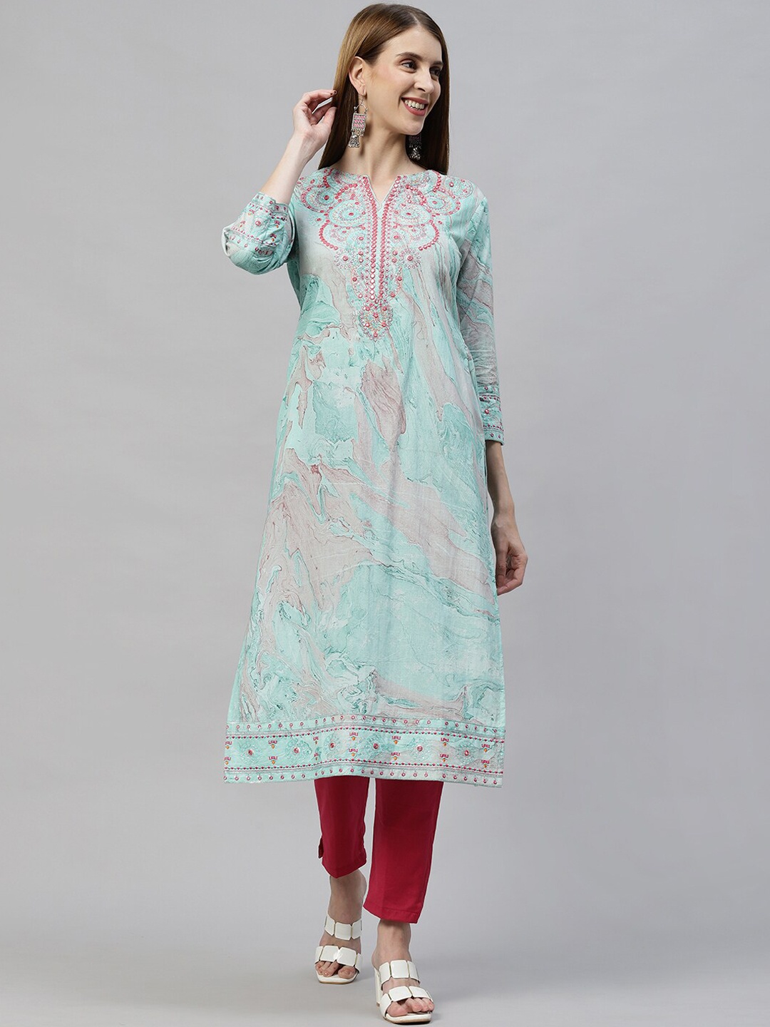 

FASHOR Women Green Floral Printed Kurta