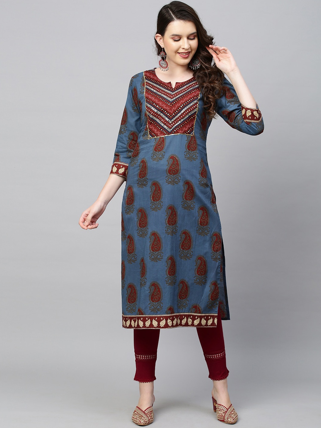 

FASHOR Women Blue Ethnic Motifs Printed Flared Sleeves Kurta