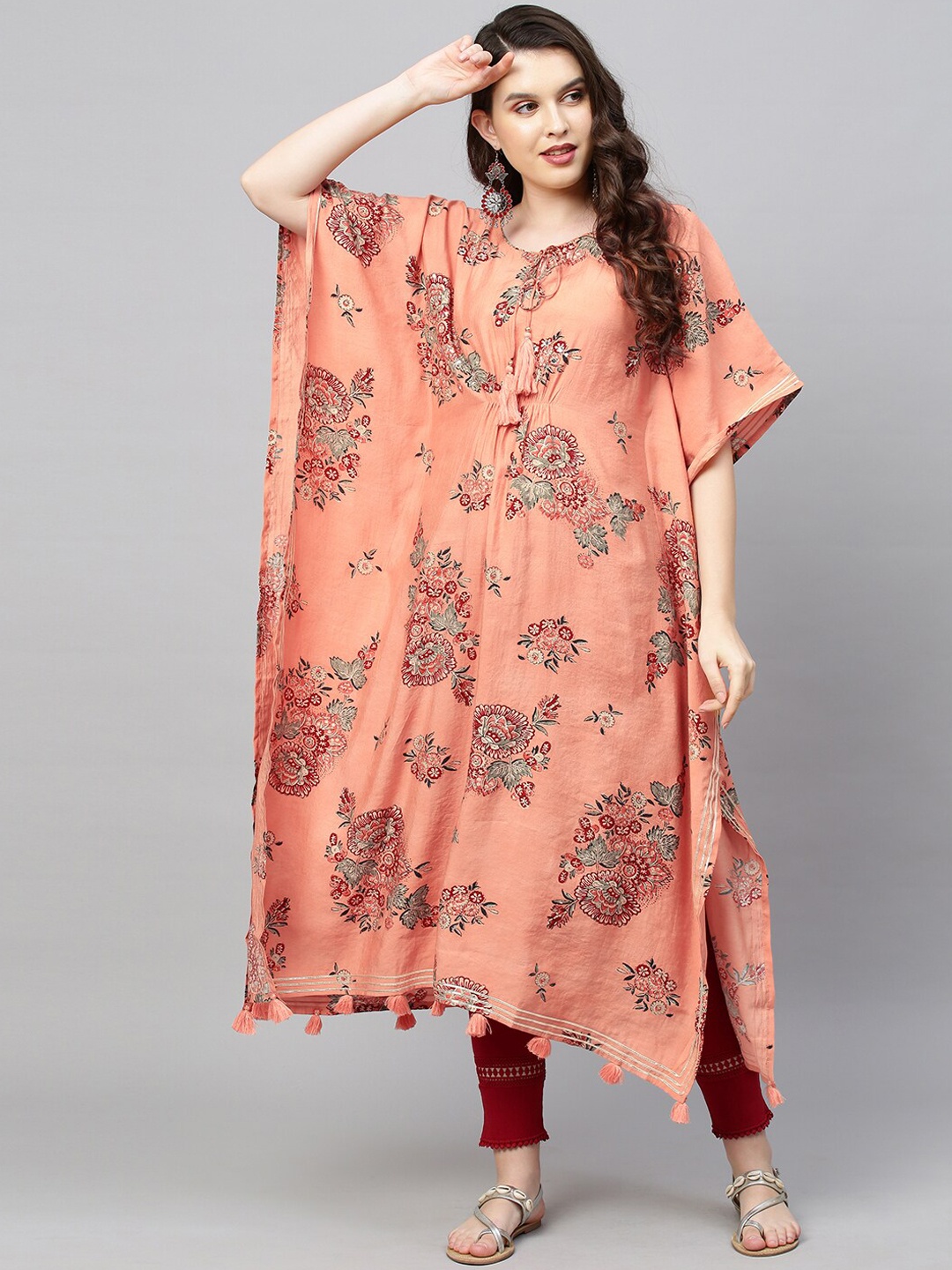 

FASHOR Women Peach-Coloured Floral Printed Flared Sleeves Kurta