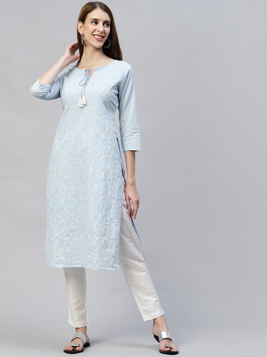 

FASHOR Women Blue Keyhole Neck Flared Sleeves Gotta Patti Kurta
