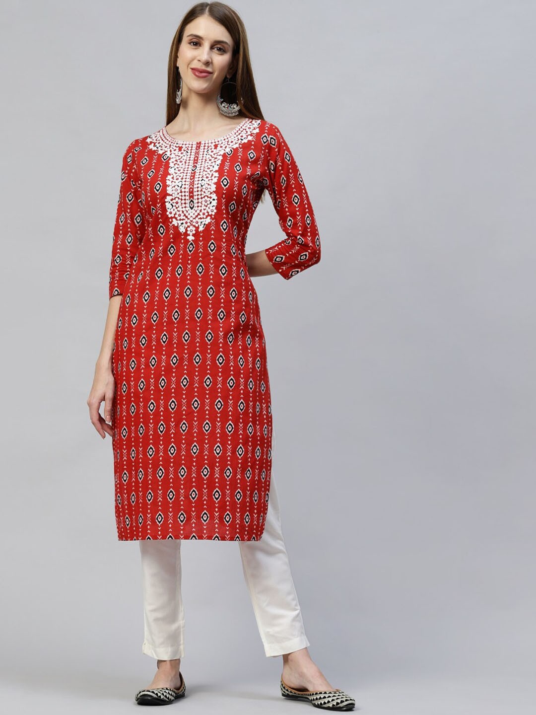 

FASHOR Women Red & carnelian Ethnic Motifs Striped Mirror Work Kurta