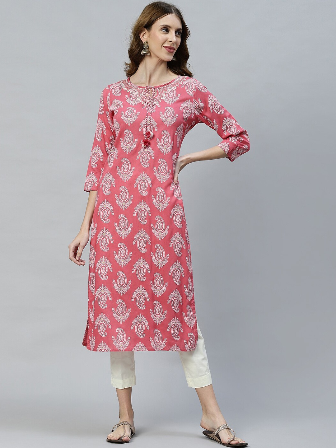 

FASHOR Women Pink & rose of sharon Ethnic Motifs Printed Mirror Work Khadi Kurta