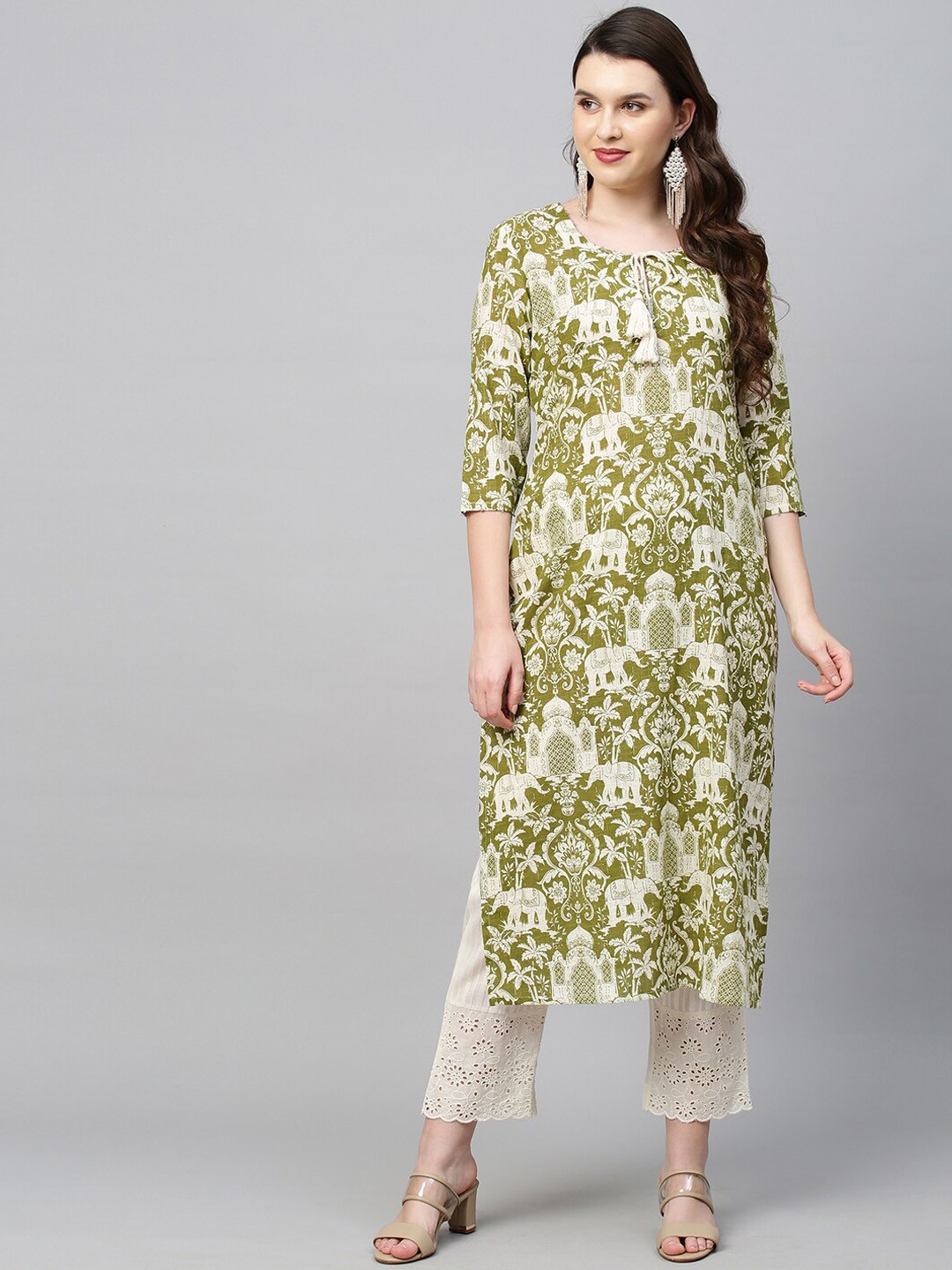 

FASHOR Women Green Floral Printed Cold-Shoulder Sleeves Kurta