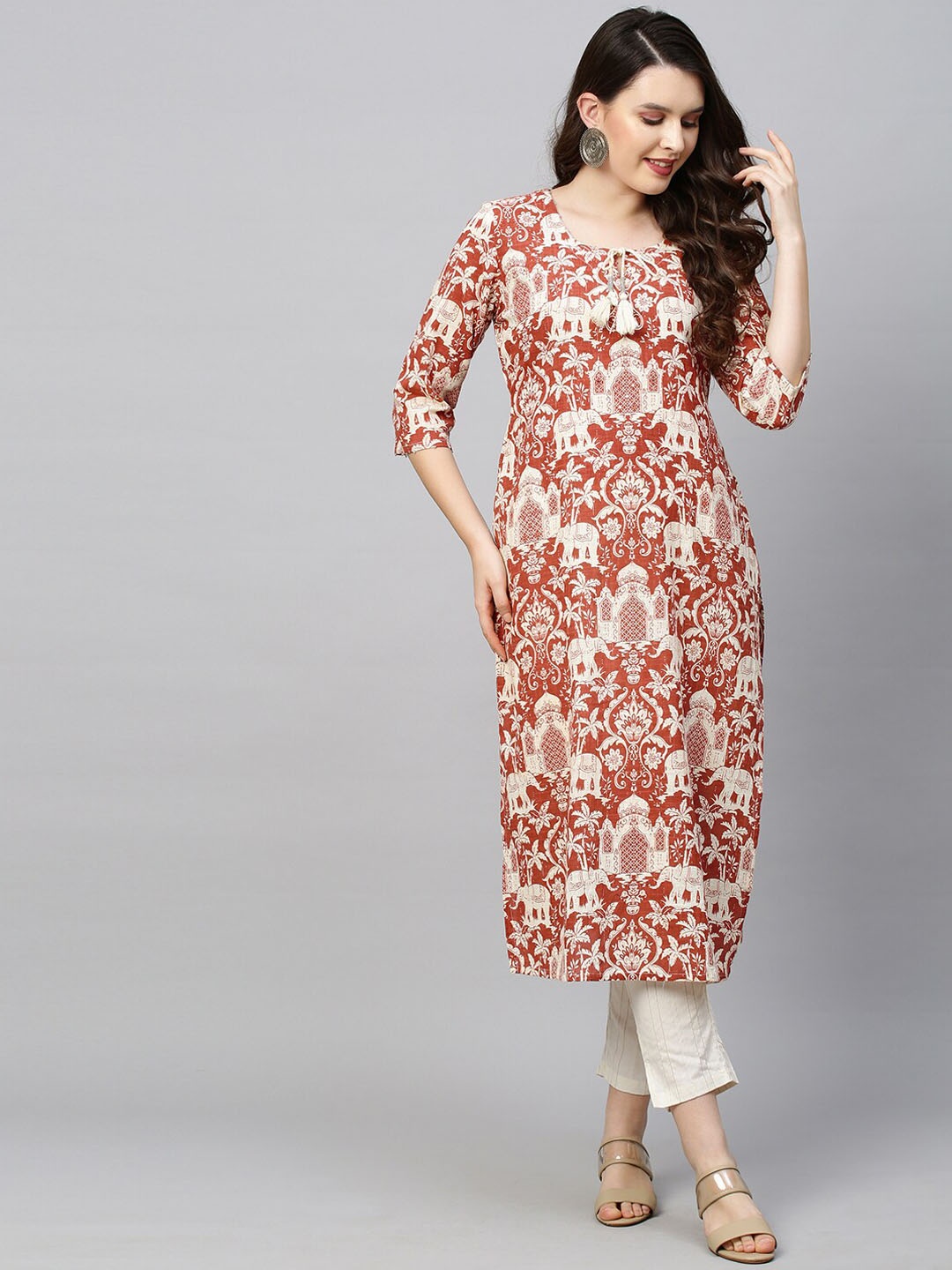 

FASHOR Women Red & mother of pearl Floral Printed Pathani Kurta