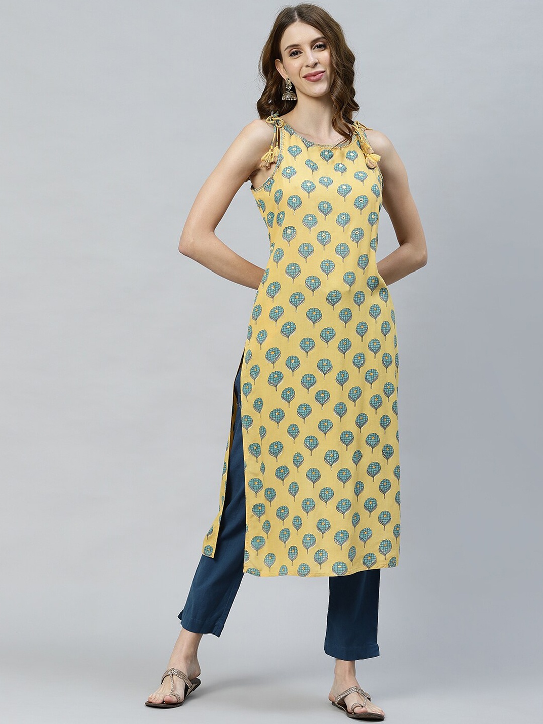 

FASHOR Women Yellow Floral Printed Thread Work Kurta