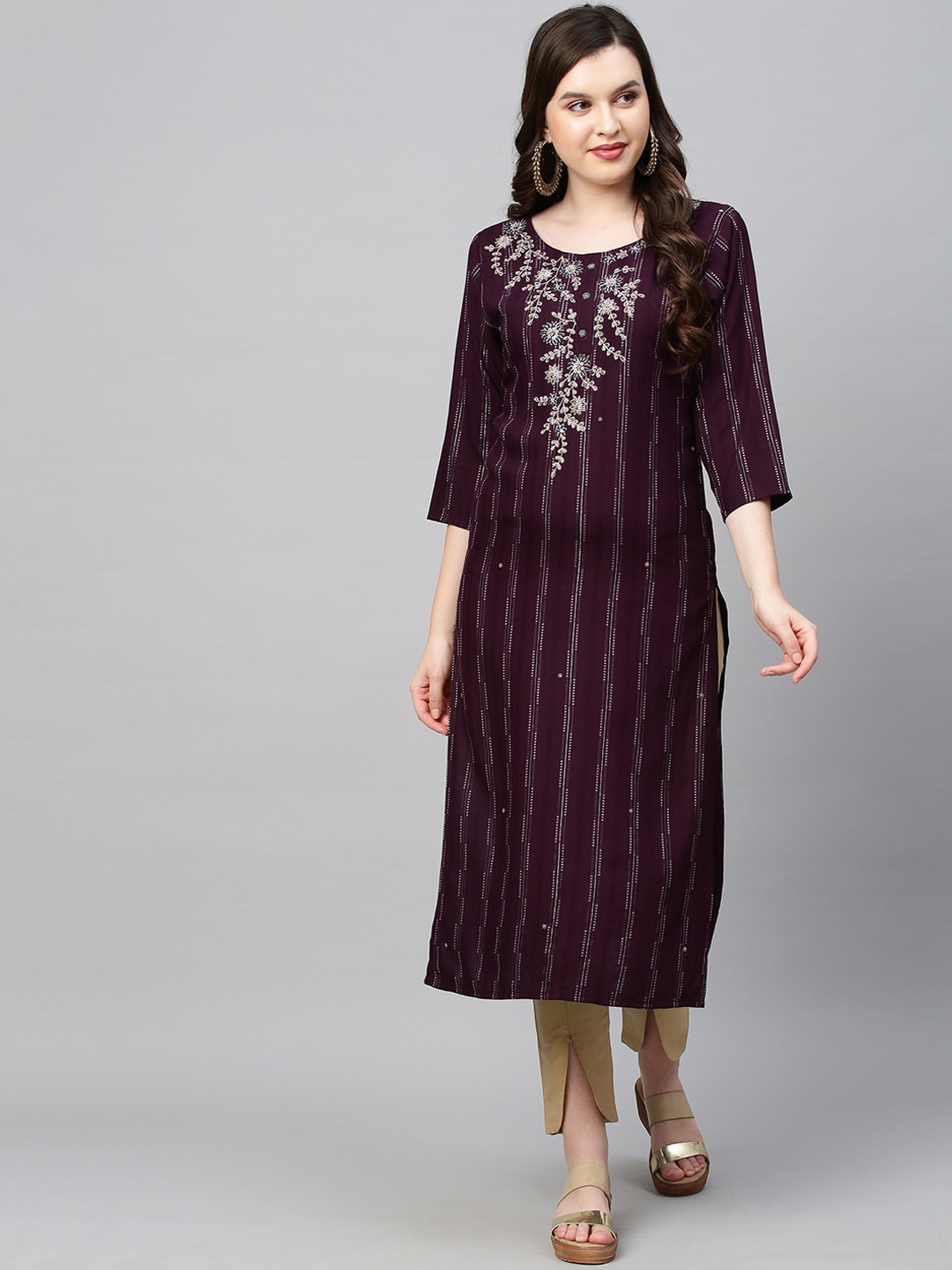 

FASHOR Women Purple Ethnic Motifs Striped Flared Sleeves Thread Work Kurta