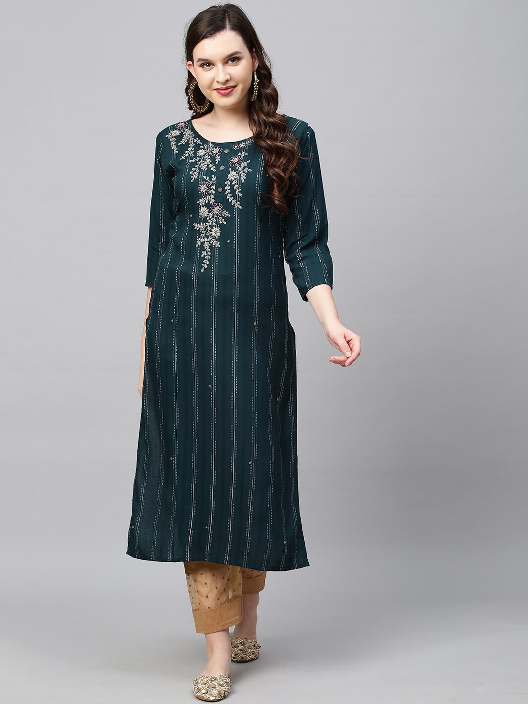 

FASHOR Women Teal Striped Keyhole Neck Thread Work Kurta