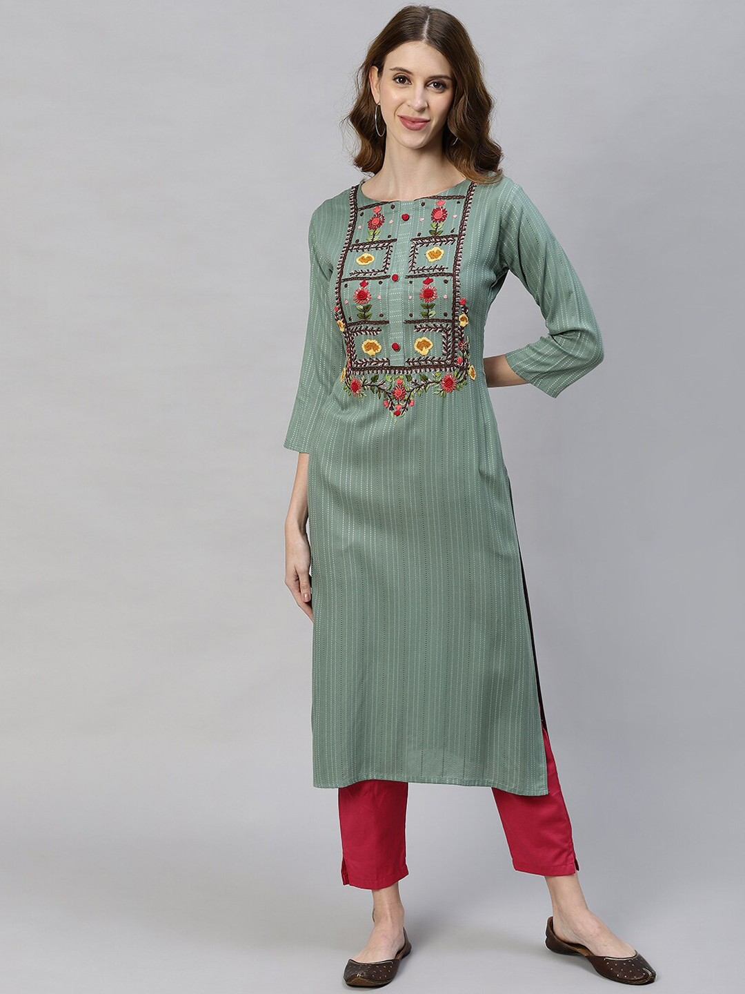 

FASHOR Women Green Embroidered Thread Work Kurta