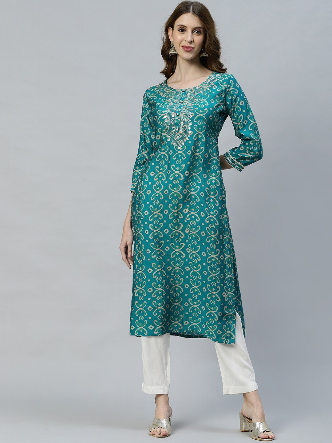 

FASHOR Women Sea Green Geometric Printed Thread Work Kurta