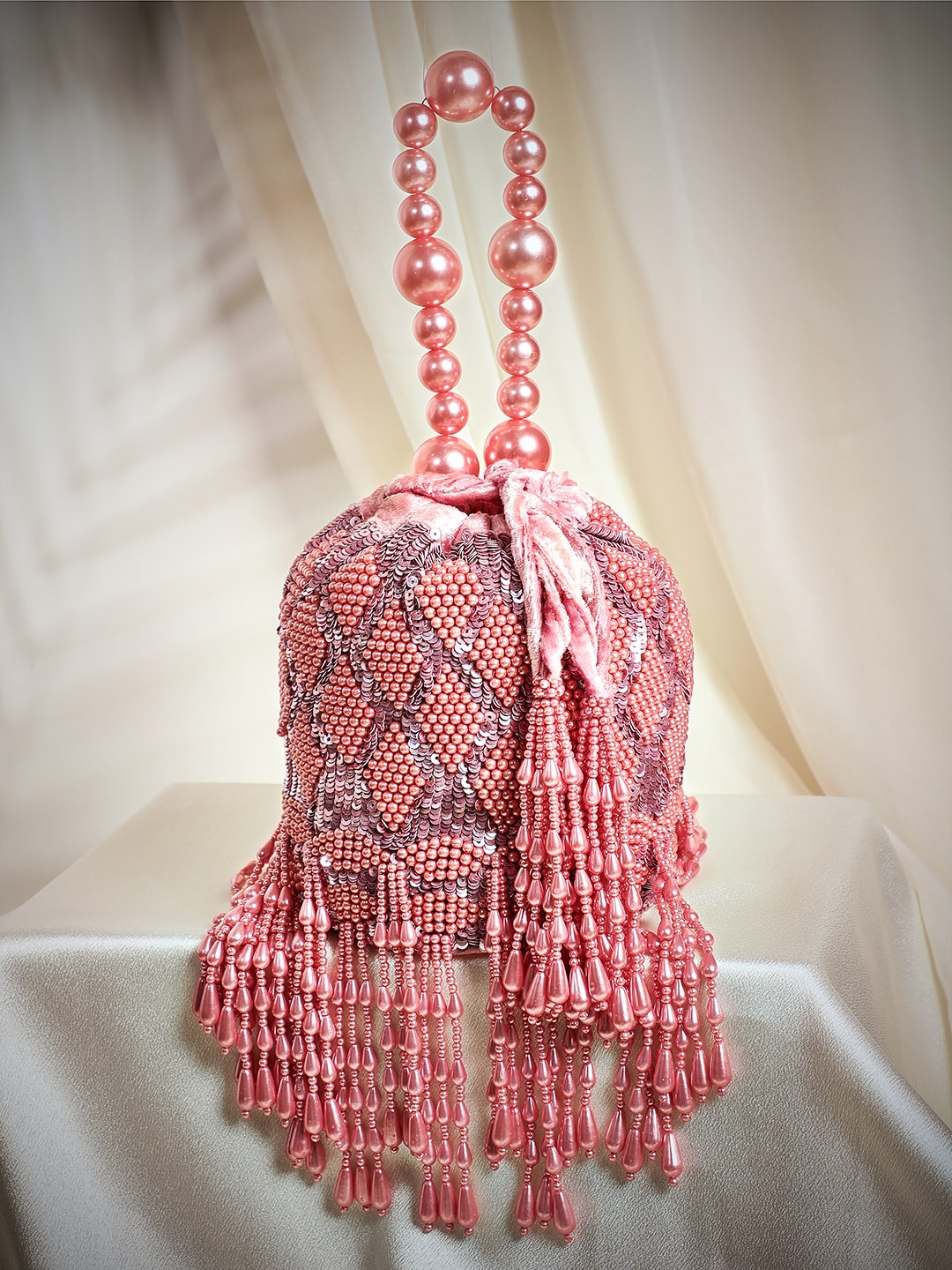 

Rubans Luxe Pink Pearl Beaded Drawstring Potli Bag with Fringe Detailing