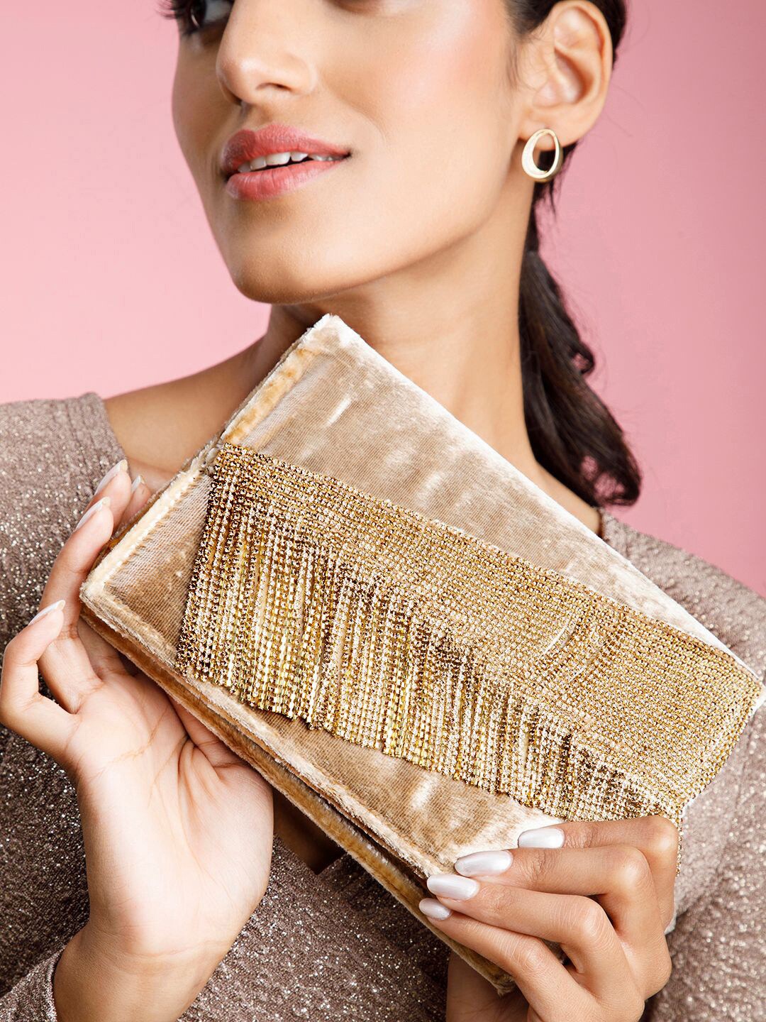 

Rubans Gold-Toned & Beige Embellished Envelope Clutch