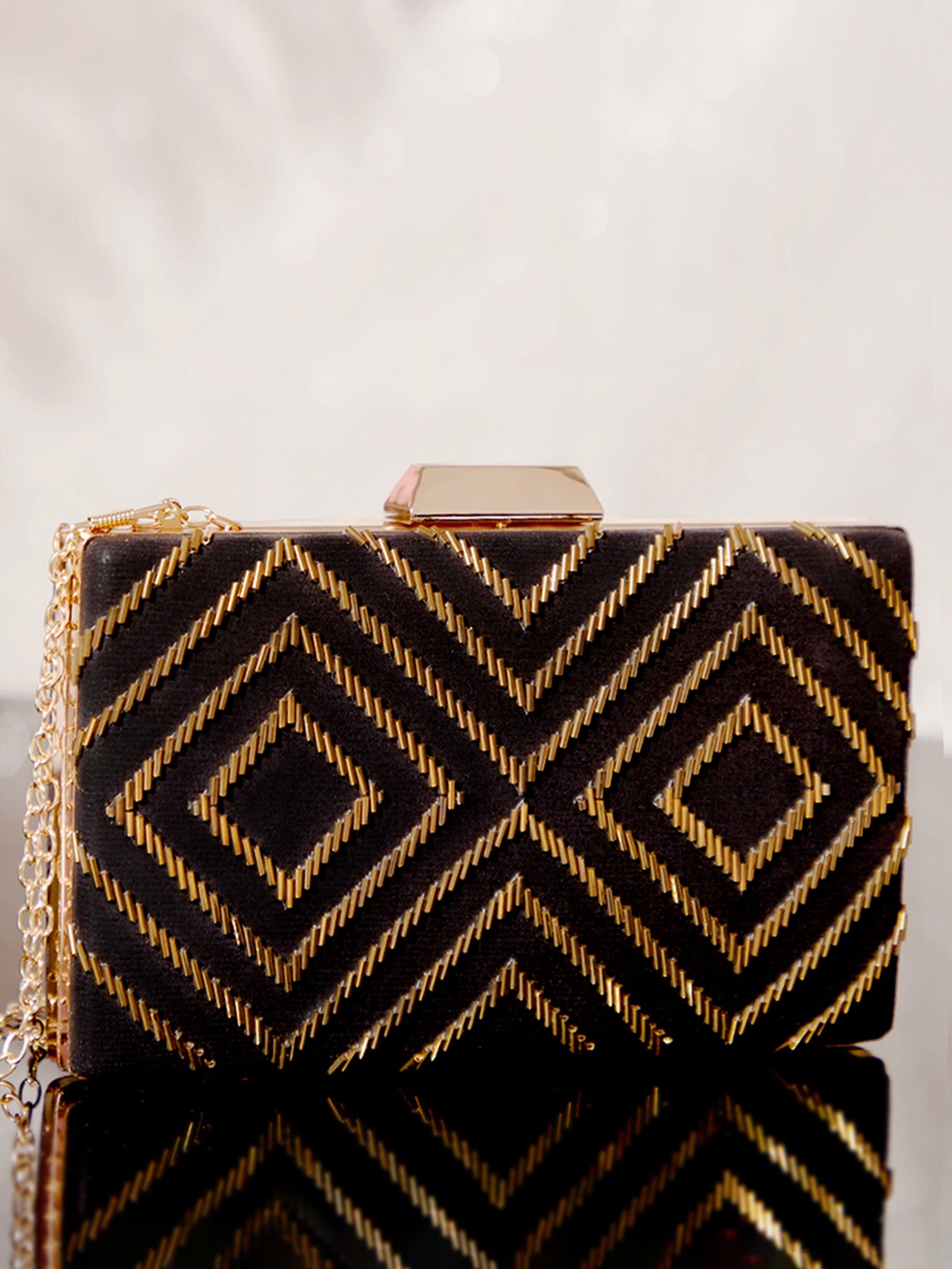 

Rubans Navy Blue & Gold-Toned Embroidered Box Clutch