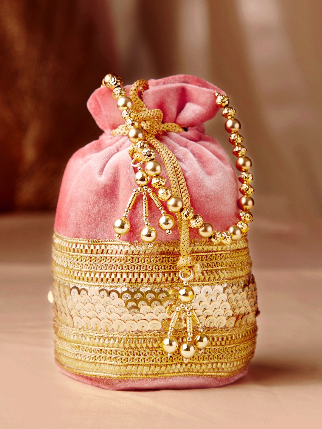 

Rubans Gold-Toned & Coral Red Embroidered Potli Clutch