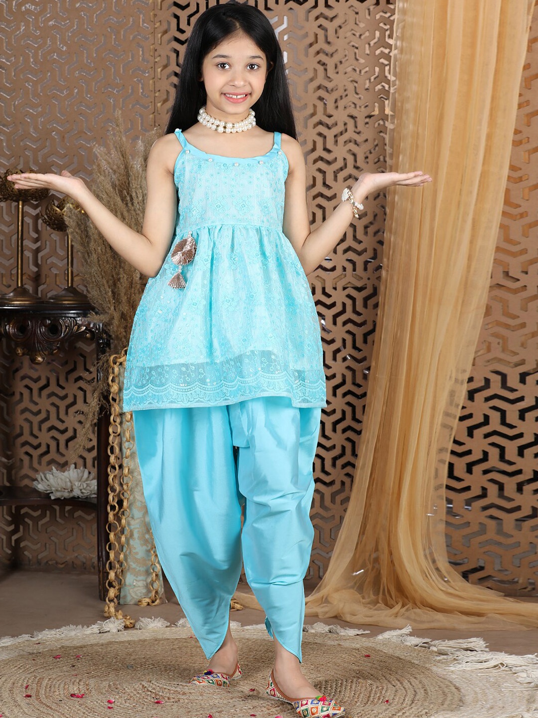 

Cutiekins Girls Turquoise Blue Floral Sequinned Peplum Top with Dhoti Pants