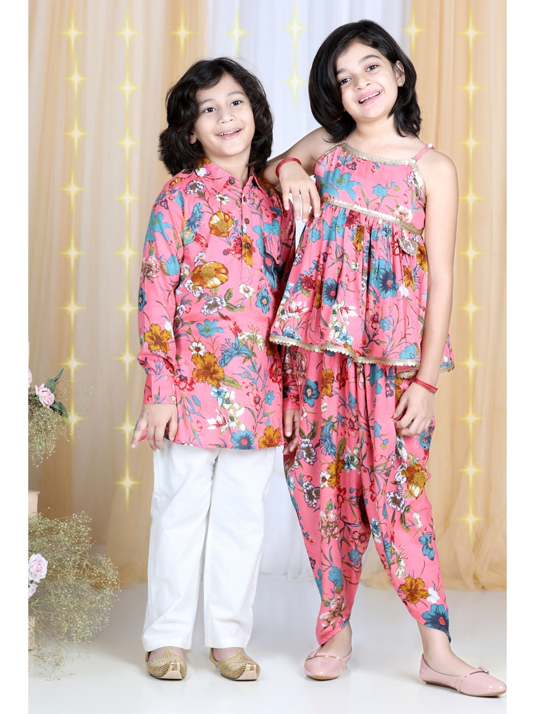 

Cutiekins Girls Pink Floral Printed Peplum Top with Dhoti Pants