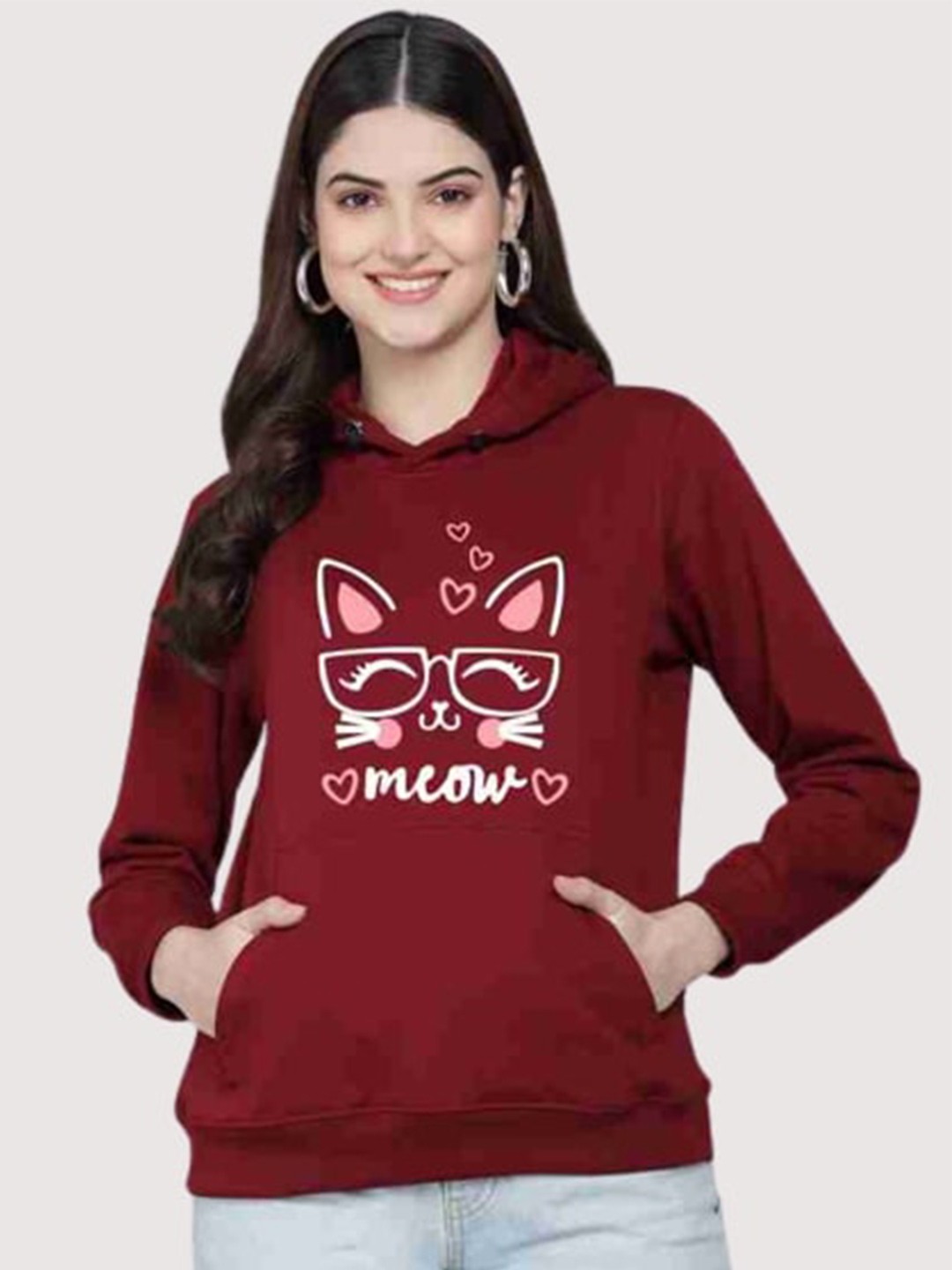 

PockMAN Women Maroon Printed Hooded Sweatshirt