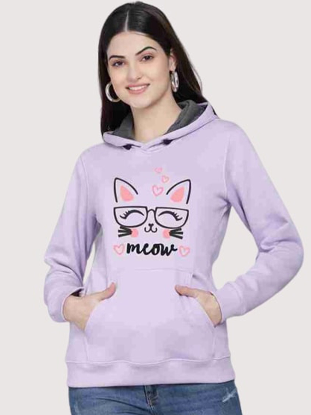 

PockMAN Women Lavender Printed Hooded Sweatshirt