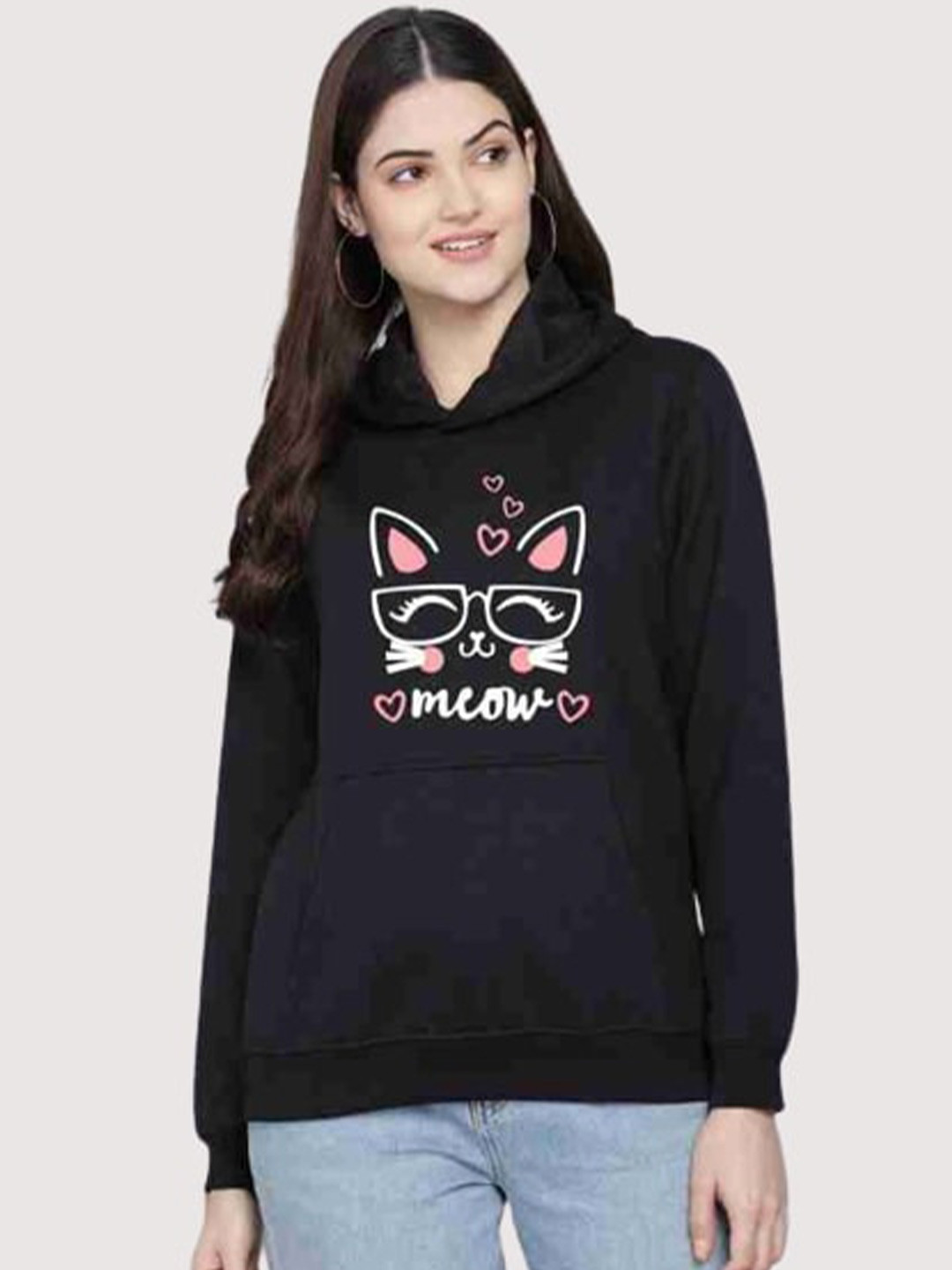 

PockMAN Women Black Printed Hooded Sweatshirt