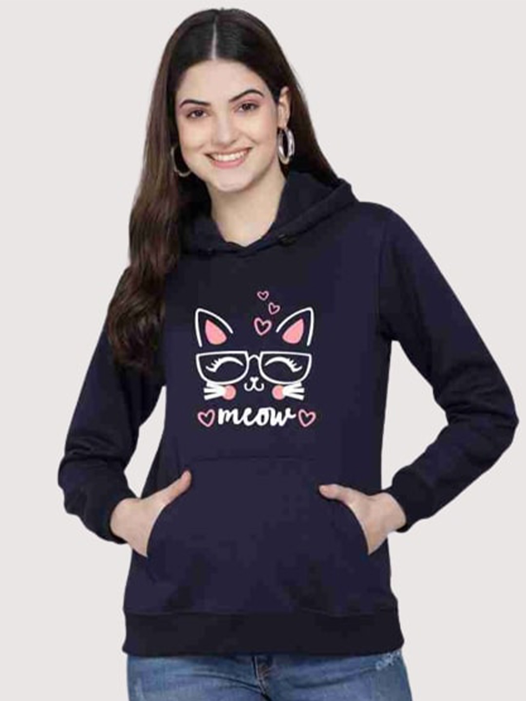 

PockMAN Women Blue Printed Hooded Sweatshirt