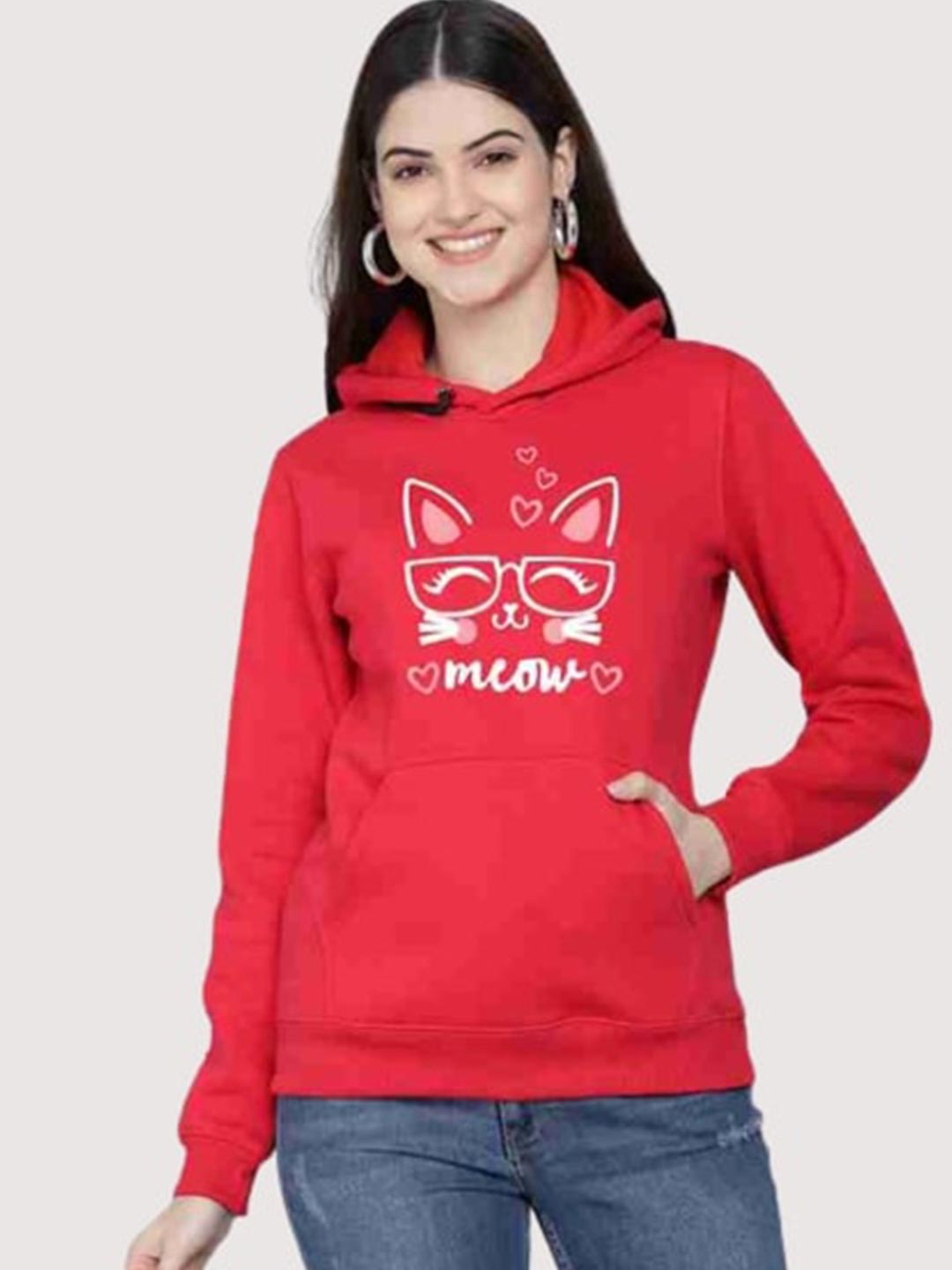 

PockMAN Women Red Printed Hooded Sweatshirt
