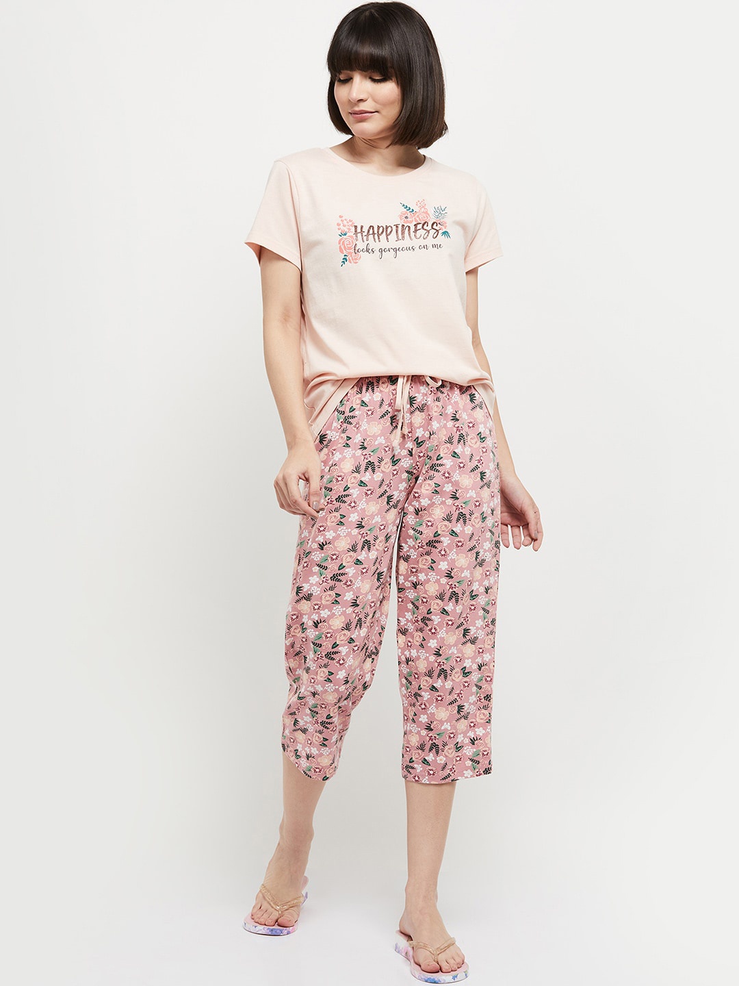 

max Women Pink & Cream-Coloured Printed Night suit