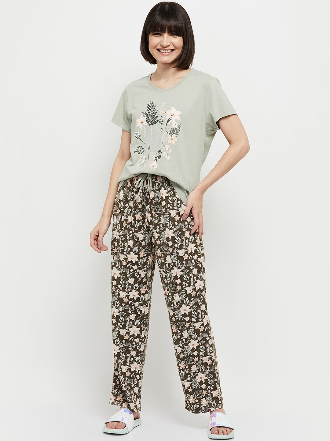 

max Women Green & Black Printed Night suit