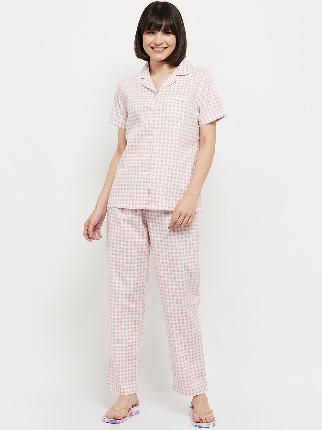 

max Women Pink & White Checked Night suit