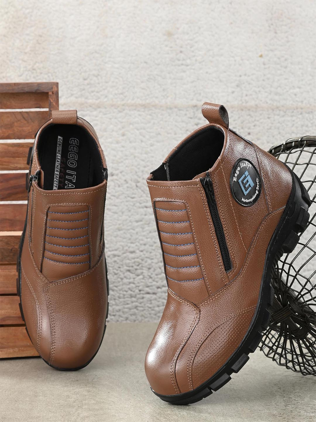 

Eego Italy Men Brown Leather High-Top Boots