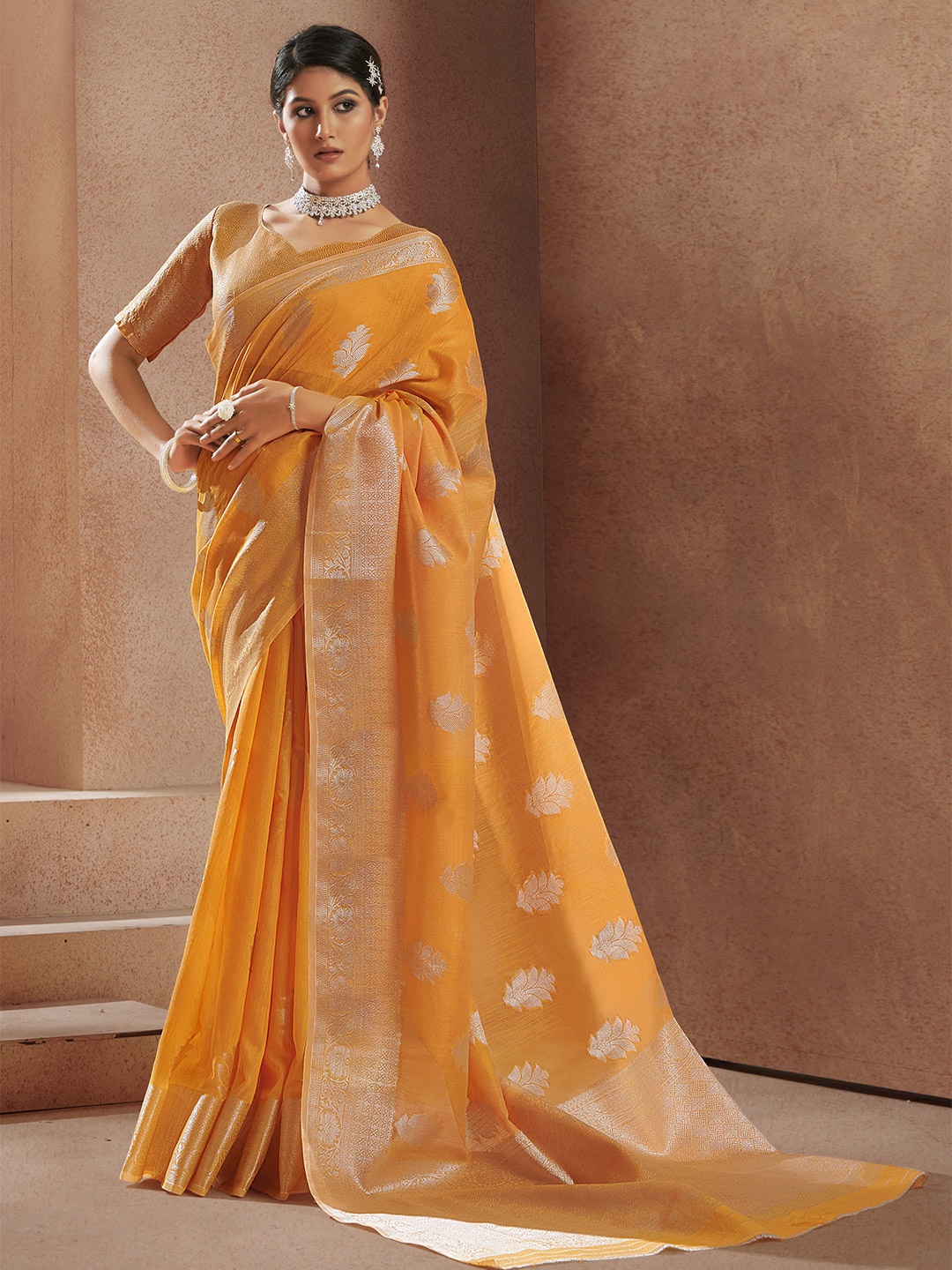 

elora Orange & Silver-Toned Woven Design Zari Silk Blend Banarasi Saree