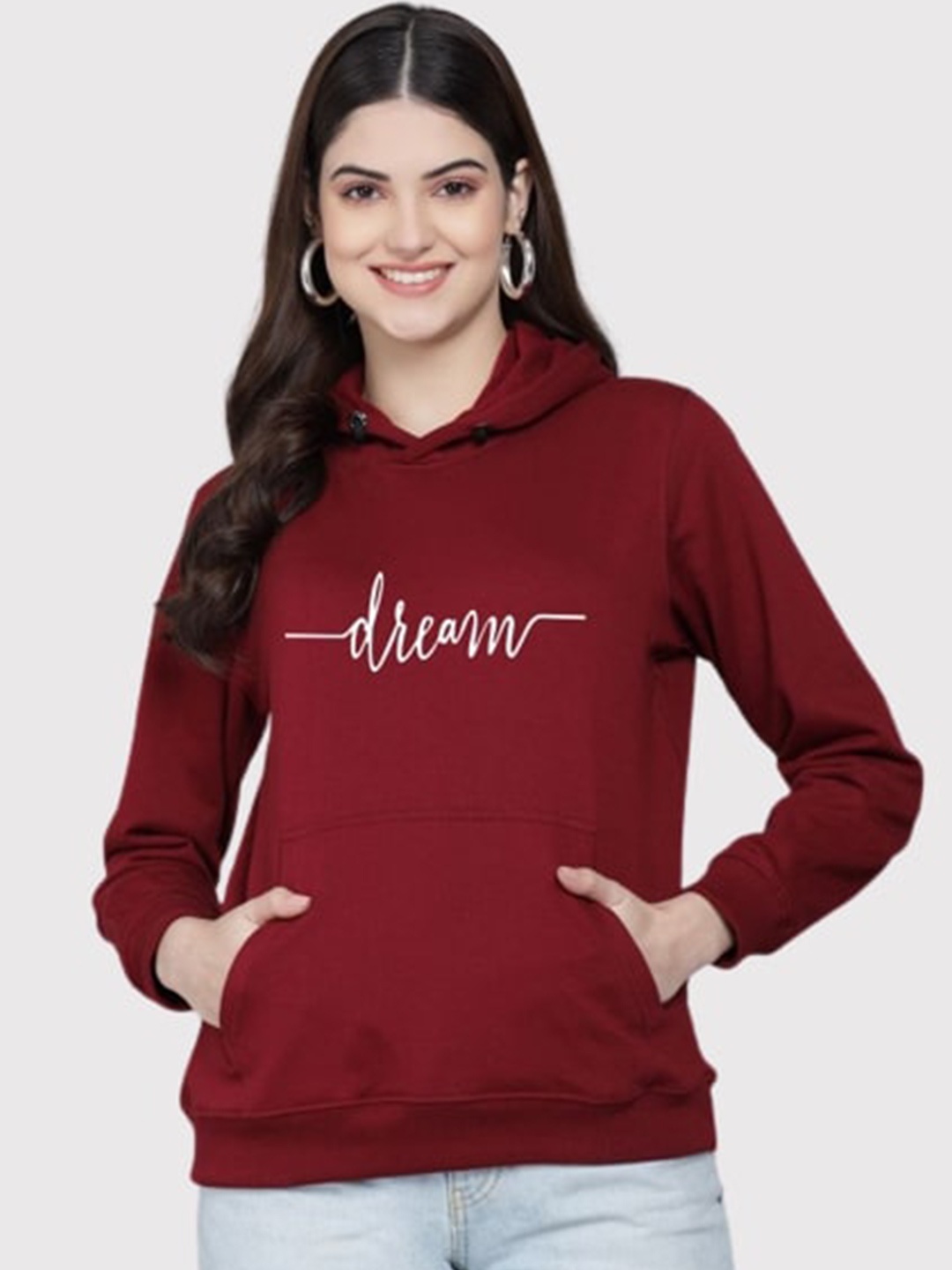 

PockMAN Women Maroon Printed Hooded Sweatshirt