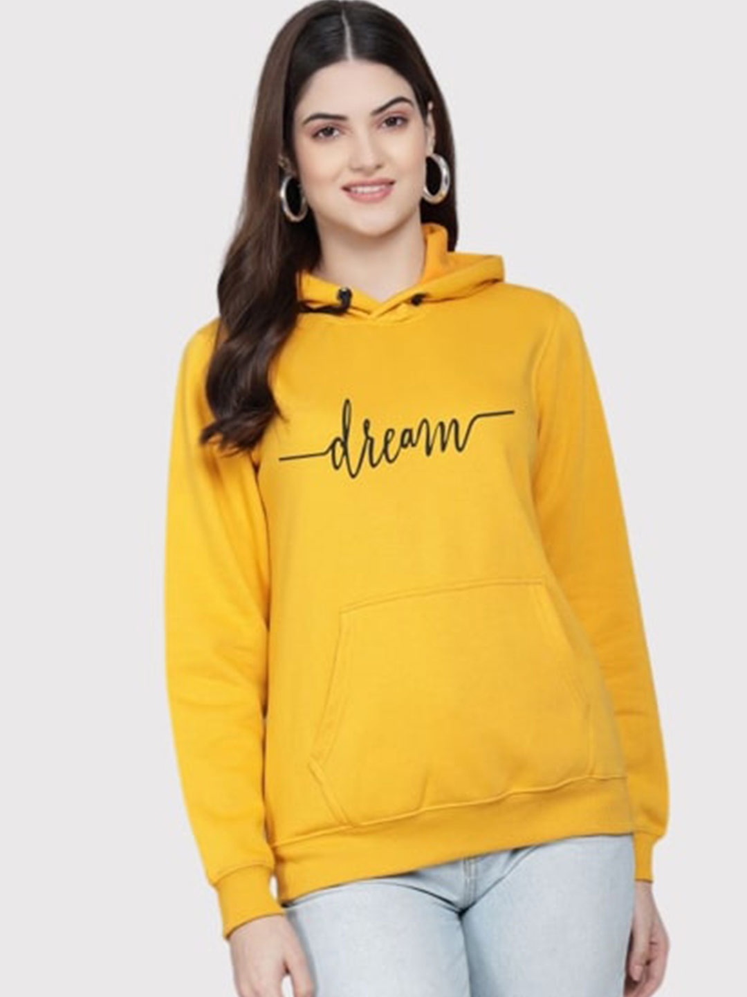 

PockMAN Women Mustard Printed Hooded Sweatshirt