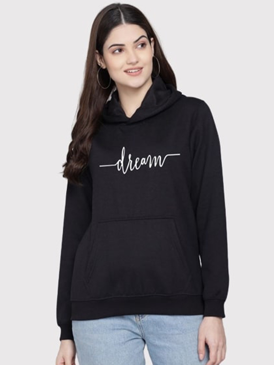 

PockMAN Women Black Printed Hooded Sweatshirt