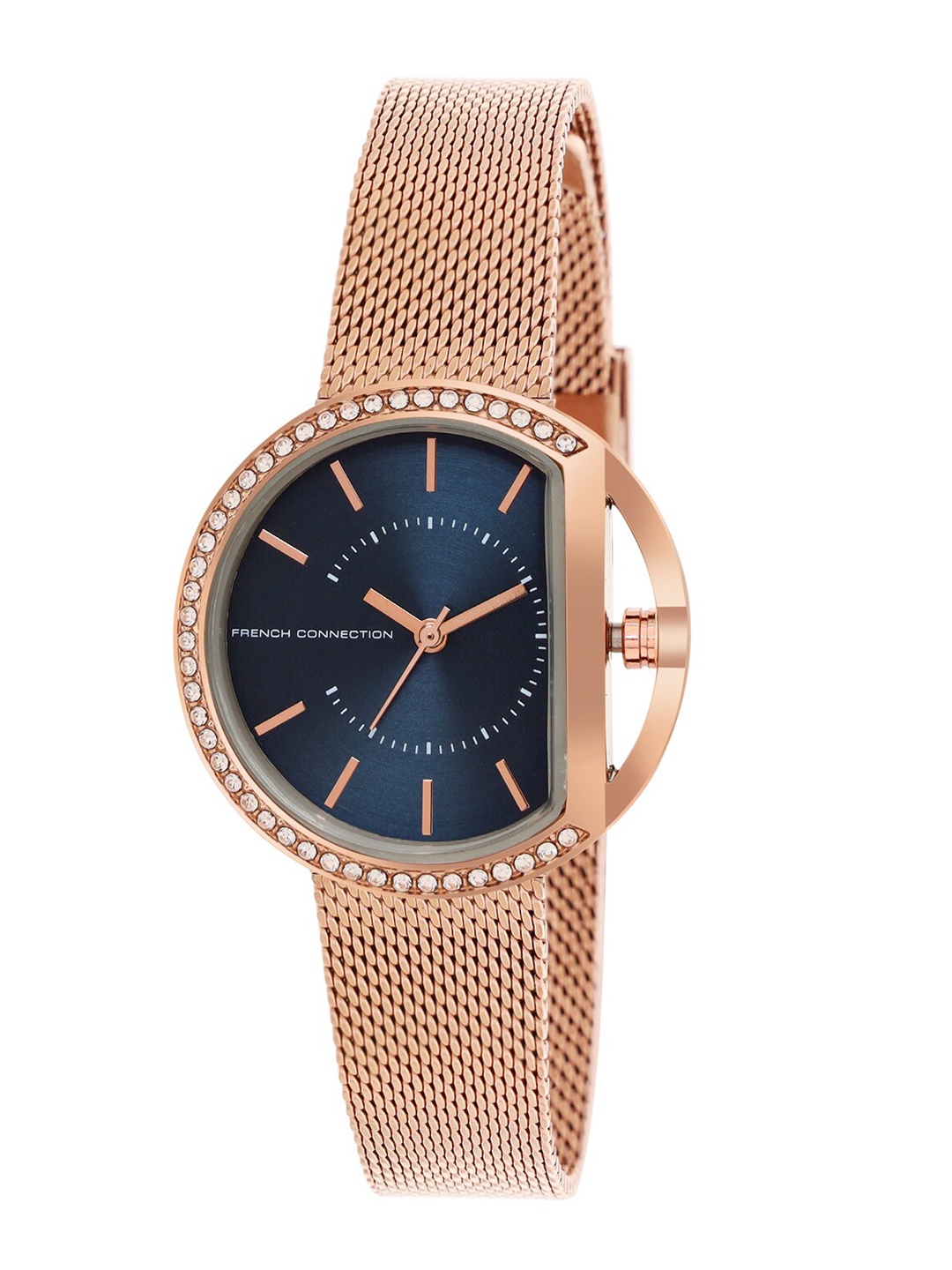 

French Connection Women Blue Dial & Rose Gold Toned Bracelet Style Straps Analogue Watch