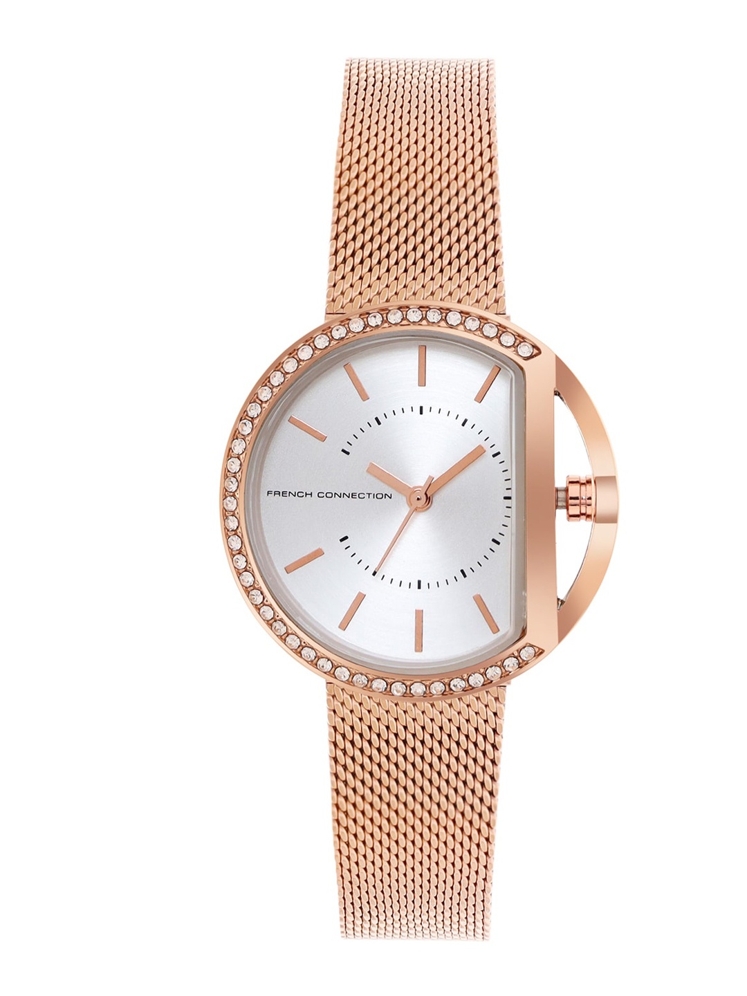 

French Connection Women Silver-Toned Embellished Dial & Rose Gold Toned Stainless Steel Bracelet Style Watch