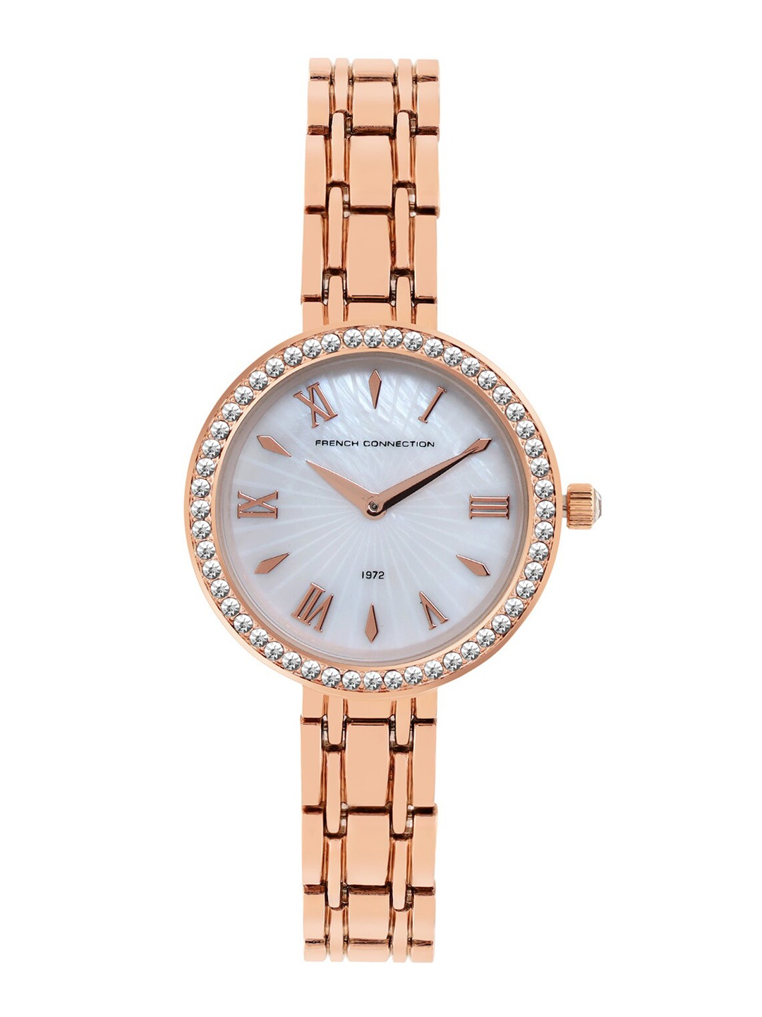 

French Connection Women Rose Gold-Toned Mother of Pearl Dial & Rose Gold Toned Stainless Steel Bracelet Watch, White