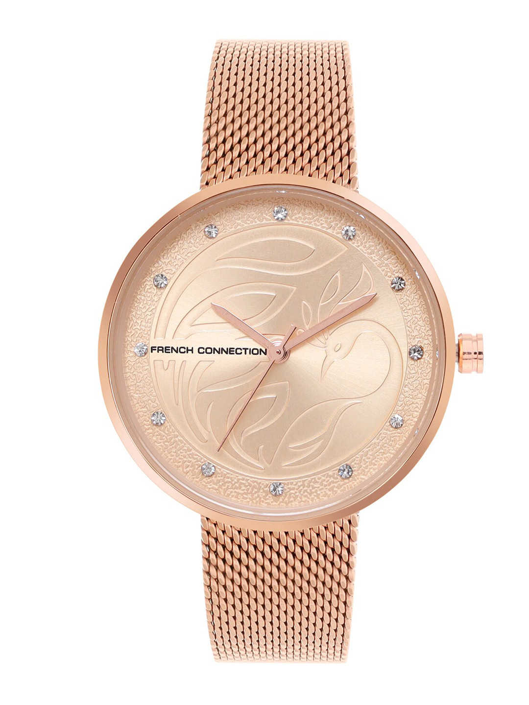 

French Connection Women Rose Gold-Toned Embellished Dial & Rose Gold Toned Stainless Steel Bracelet Style Watch