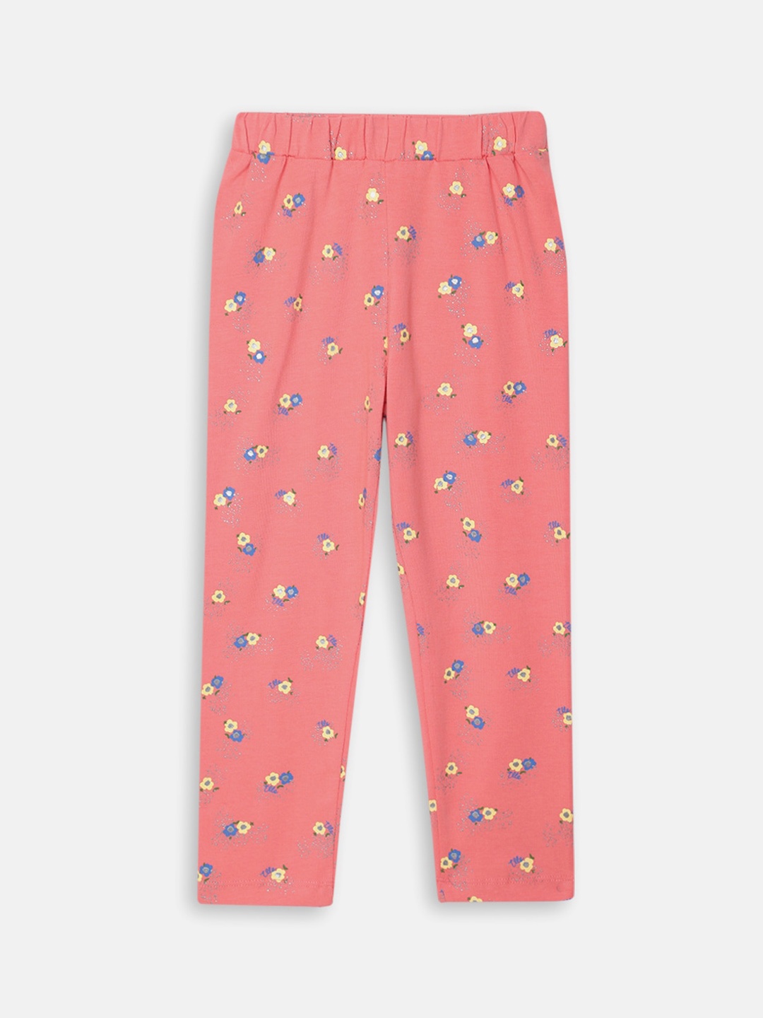 

ELLE Girls Coral-Pink & Yellow Printed Pure Cotton Ankle-Length Leggings