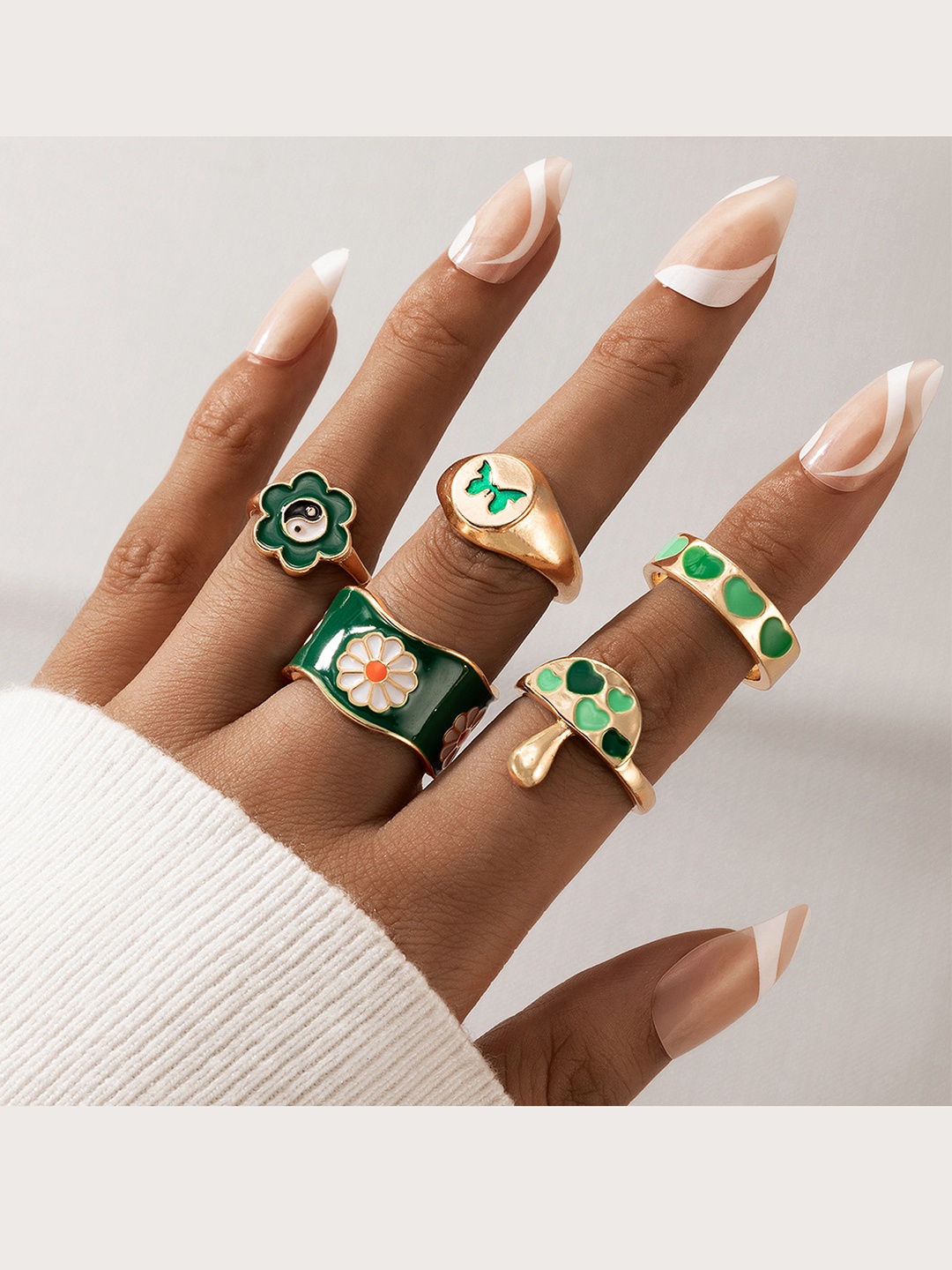 

Vembley Set Of 5 Gold-Plated Green-Colored Designed Finger Rings