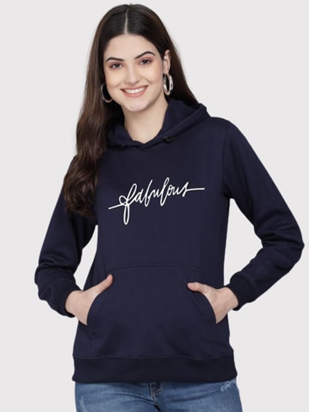 

PockMAN Women Blue Printed Hooded Sweatshirt