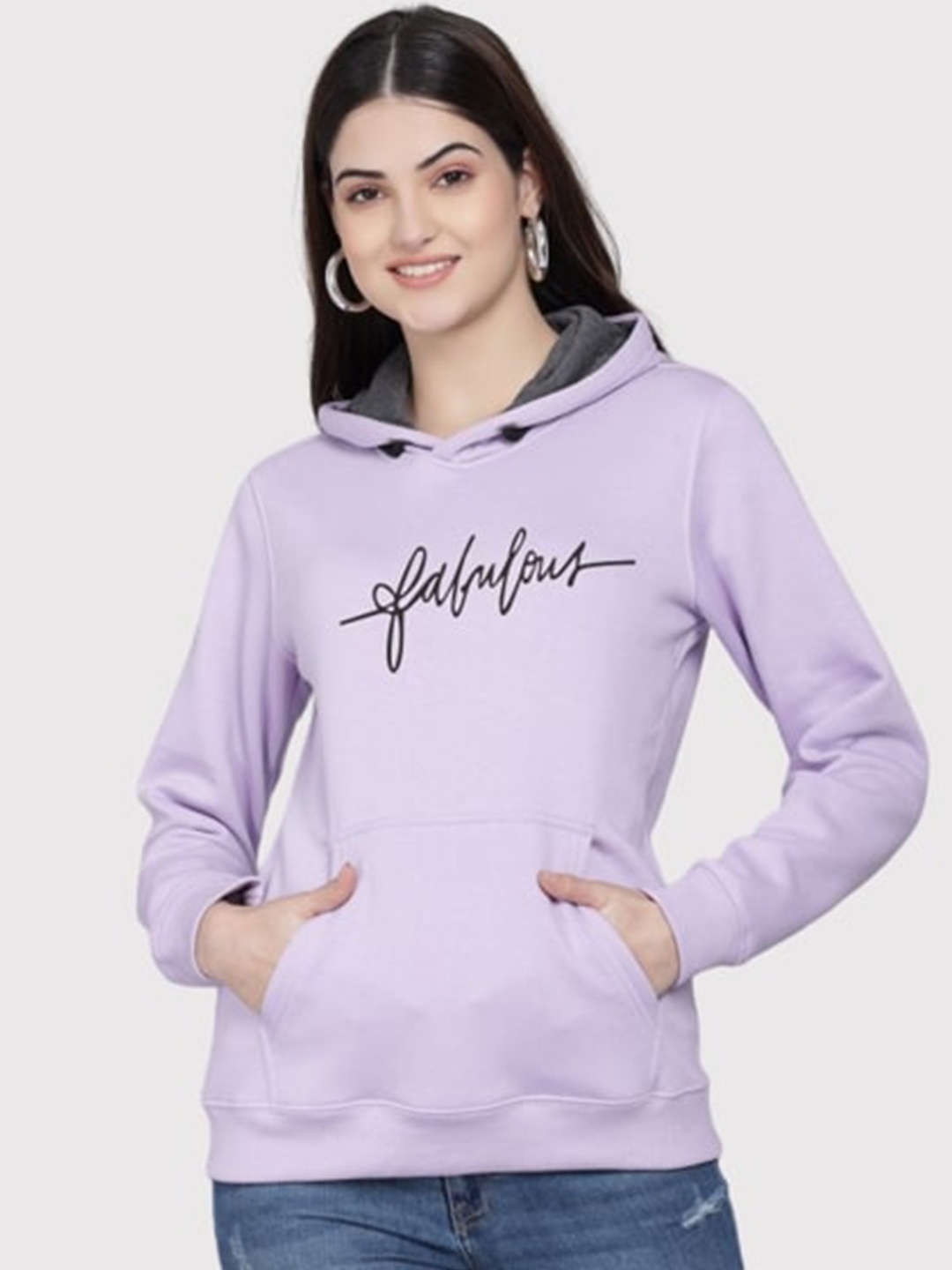 

PockMAN Women Lavender Printed Hooded Sweatshirt