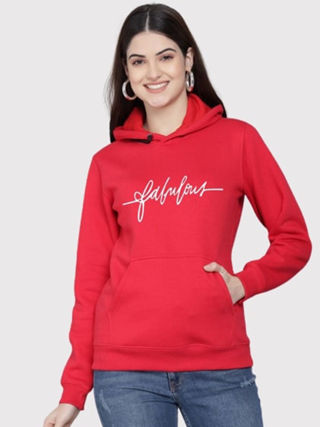 

PockMAN Women Red Printed Hooded Sweatshirt