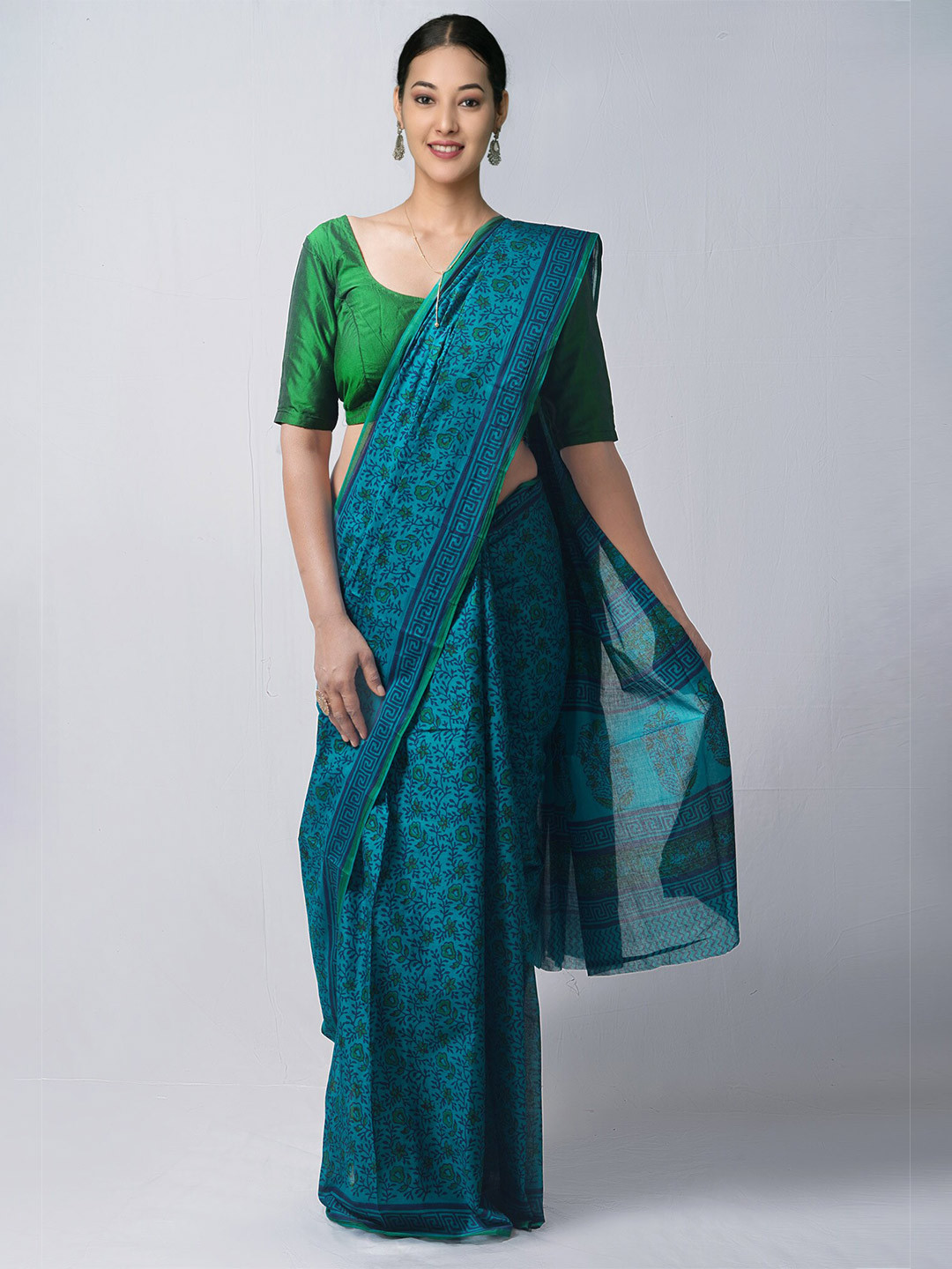 

Unnati Silks Green & Blue Ethnic Motifs Pure Cotton Block Print Saree