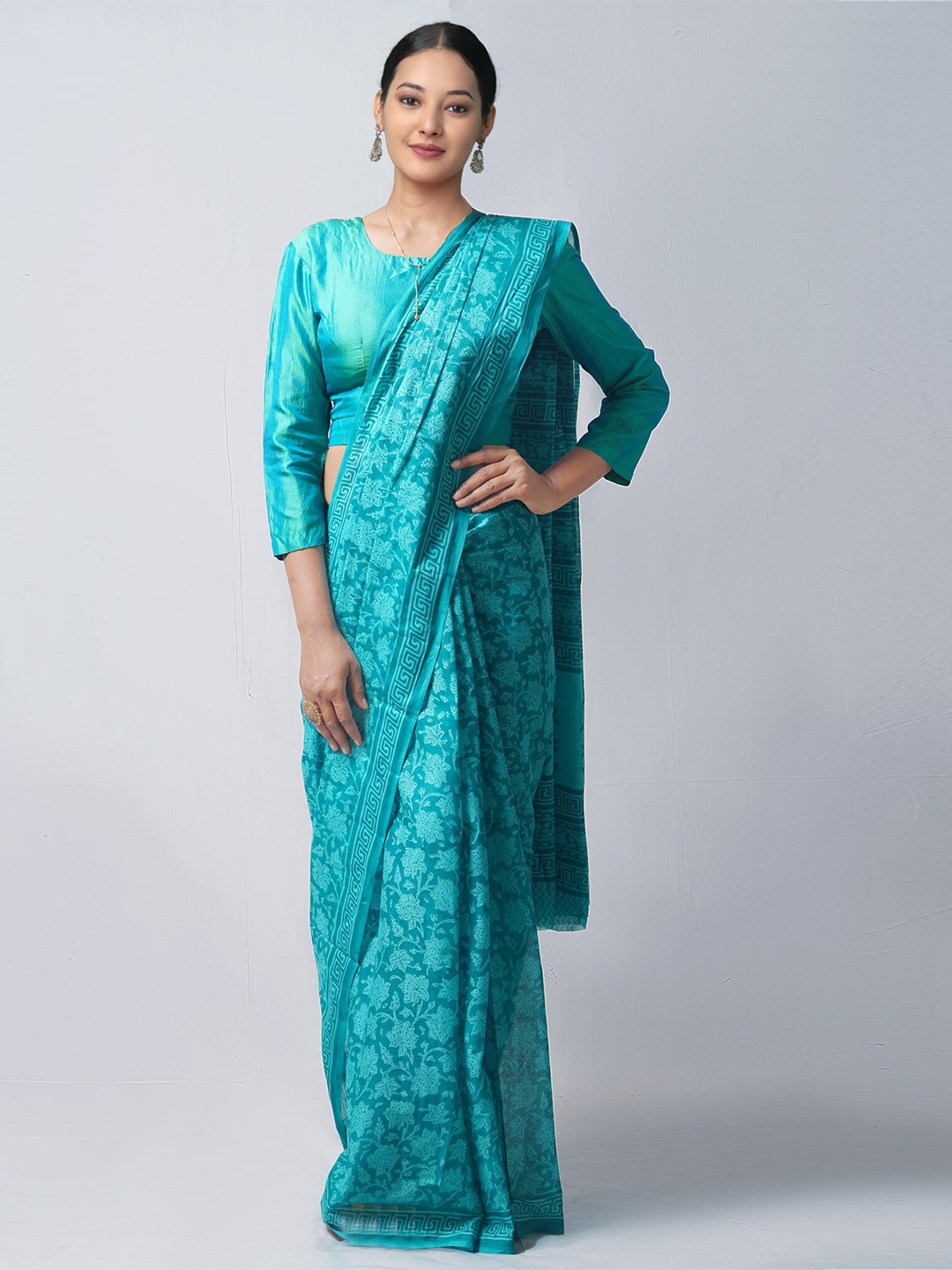 

Unnati Silks Green Ethnic Motifs Pure Cotton Block Print Saree