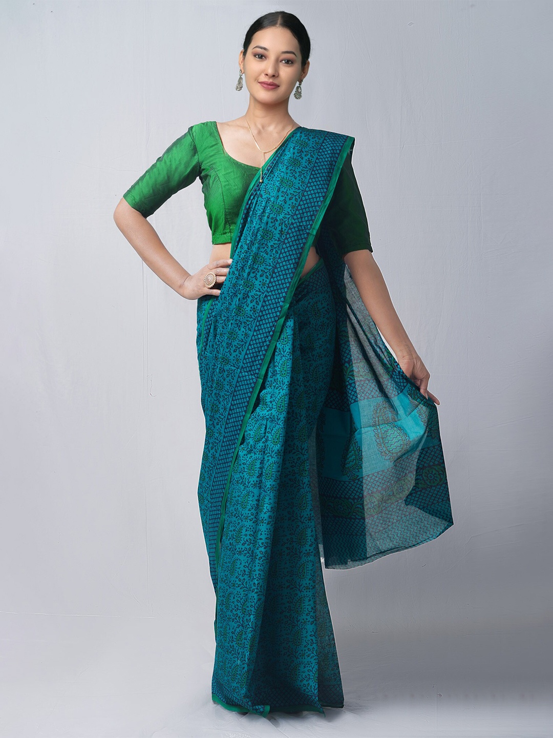 

Unnati Silks Green & Blue Ethnic Motifs Pure Cotton Block Print Saree