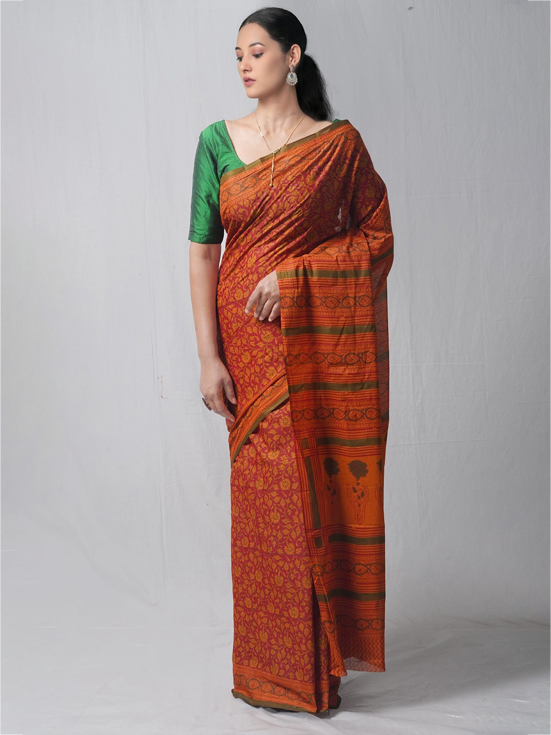 

Unnati Silks Red & Brown Ethnic Motifs Pure Cotton Block Print Saree