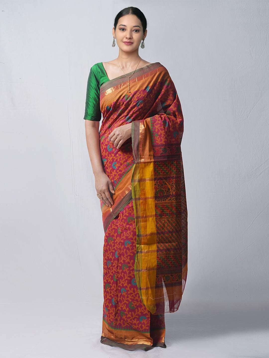 

Unnati Silks Rust & Yellow Ethnic Motifs Pure Cotton Block Print Saree